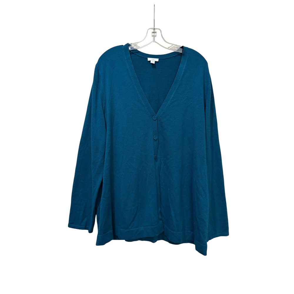 J. Jill Teal Blue Wool Blend V-Neck Button Front Cardigan Sweater Preppy XL